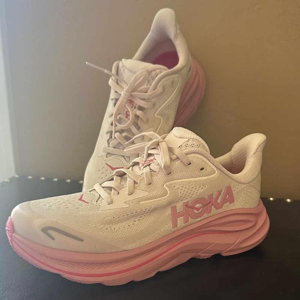 Hoka Girls’ White and Pink Cushion Running Shoes